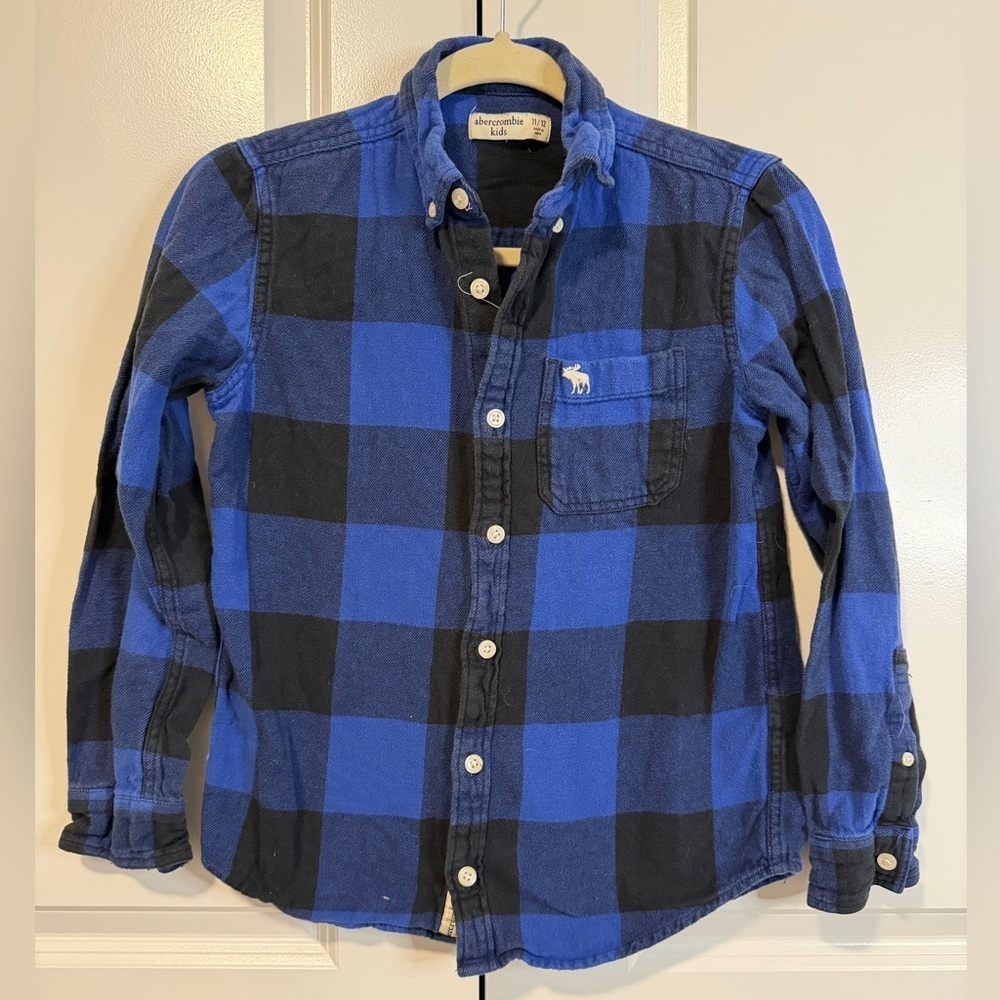 Abercrombie Kids Boys 11/12 Blue Black Buffalo Plaid Button-Down Flannel Shirt